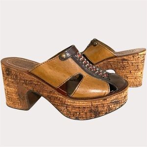 Vintage Y2K Sandler of Boston Cork Leather Patchwork Chunky Platform Clog
